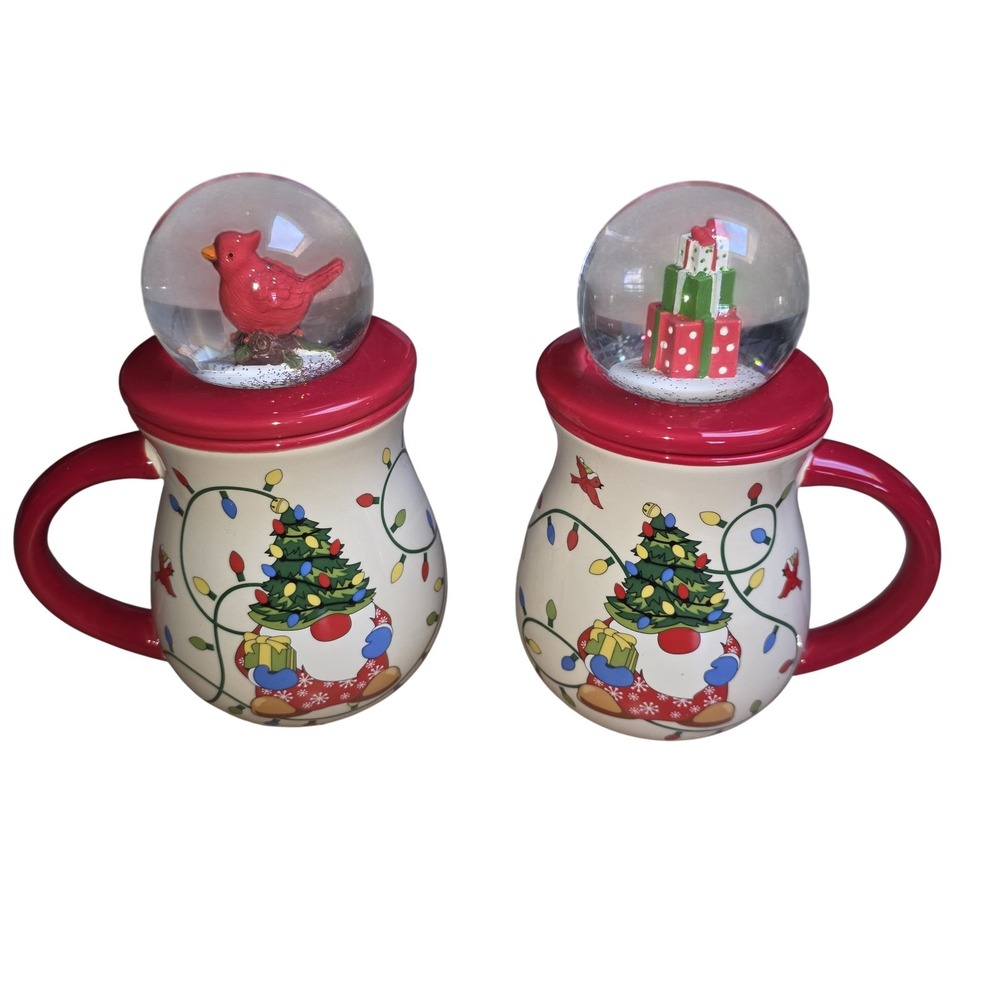 Temptations Christmas Snow Globe Mugs Set Of 2 16oz Cardinal Gifts Lids Ceramic